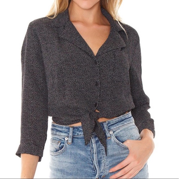 Sage the Label Women's Black/White Micro Dot La Bamba Button/Tie Front Top sz L - Picture 3 of 8